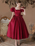 Wine Red Satin Tea Length Short Sleeves Party Dress, Wine Red Satin Homecoming Dress
